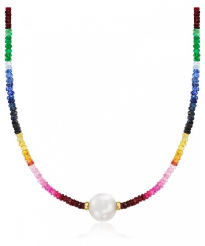 11.5-12.5mm Cultured Pearl and 52.00 ct. t.w. Multicolored Sapphire Bead Necklace With 14kt Yellow Gold 16.0 Inches $153.52 N...