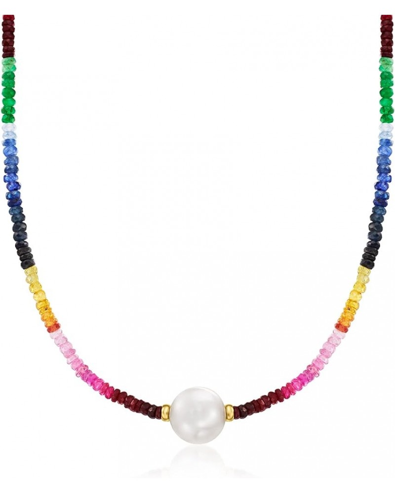 11.5-12.5mm Cultured Pearl and 52.00 ct. t.w. Multicolored Sapphire Bead Necklace With 14kt Yellow Gold 16.0 Inches $153.52 N...