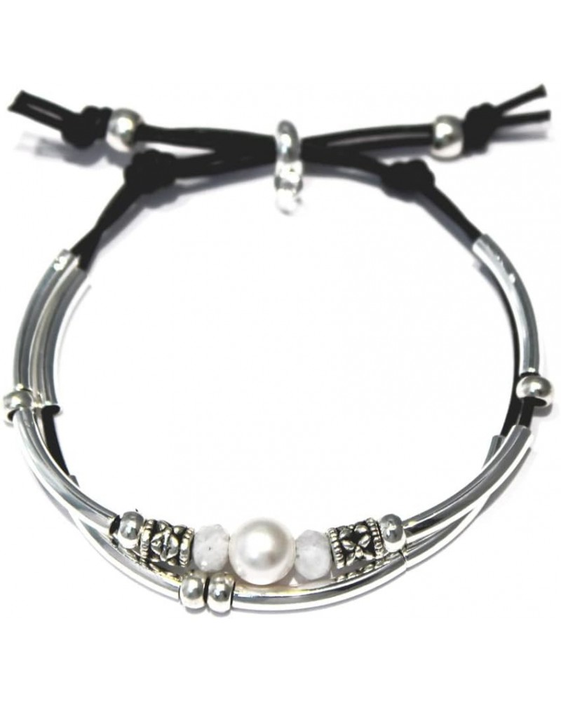 Crystal Water Adjustable 2 Natural Black Leather Strand Silver Bracelet with Pearl & Moonstone for Women $41.76 Bracelets