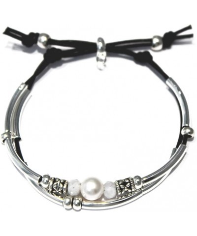 Crystal Water Adjustable 2 Natural Black Leather Strand Silver Bracelet with Pearl & Moonstone for Women $41.76 Bracelets