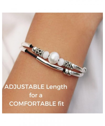 Crystal Water Adjustable 2 Natural Black Leather Strand Silver Bracelet with Pearl & Moonstone for Women $41.76 Bracelets