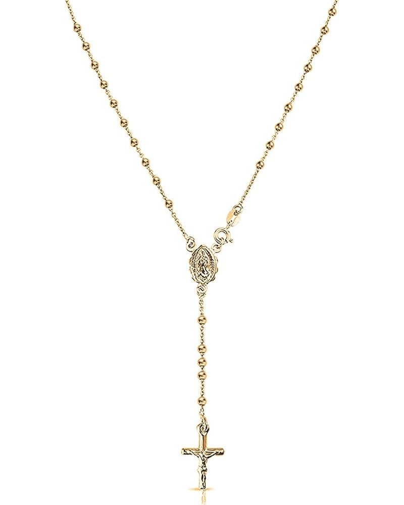 925 Sterling Silver Italian Solid Bead Chain Cross & Rosary Virgin Mary Pendant -18K Gold Plated Y Necklace Comes With Gift B...