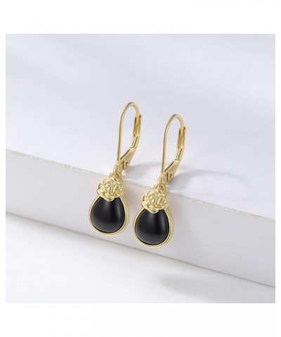 Black Onyx Earrings 925 Sterling Silver 14K Yellow Gold Plated Rose Lever Back Earrings Black Onyx Jewelry Gift for Women Gir...