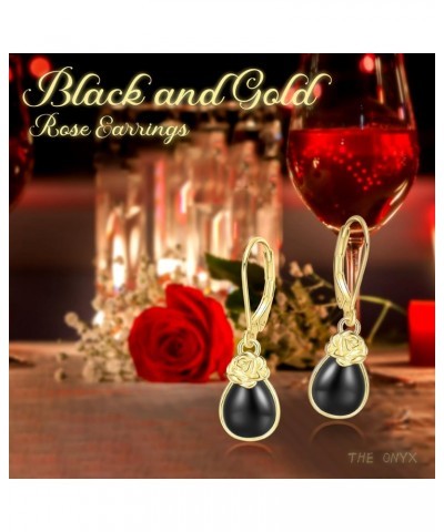 Black Onyx Earrings 925 Sterling Silver 14K Yellow Gold Plated Rose Lever Back Earrings Black Onyx Jewelry Gift for Women Gir...