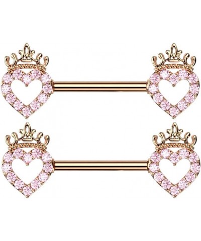 14GA 316L Stainless Steel CZ Crystal Paved Hollow Heart and Crown Nipple Barbells, Sold as a Pair Rose Gold Tone/Pink $11.27 ...