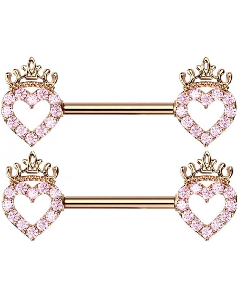 14GA 316L Stainless Steel CZ Crystal Paved Hollow Heart and Crown Nipple Barbells, Sold as a Pair Rose Gold Tone/Pink $11.27 ...