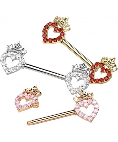 14GA 316L Stainless Steel CZ Crystal Paved Hollow Heart and Crown Nipple Barbells, Sold as a Pair Rose Gold Tone/Pink $11.27 ...