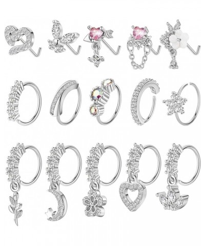 15PCS 20G 316L Stainless Steel Dangle Nose Rings Hoop for Women Girls L Shape Nose Stud CZ Heart Flower Butterfly Nose Rings ...