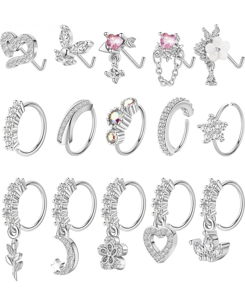 15PCS 20G 316L Stainless Steel Dangle Nose Rings Hoop for Women Girls L Shape Nose Stud CZ Heart Flower Butterfly Nose Rings ...