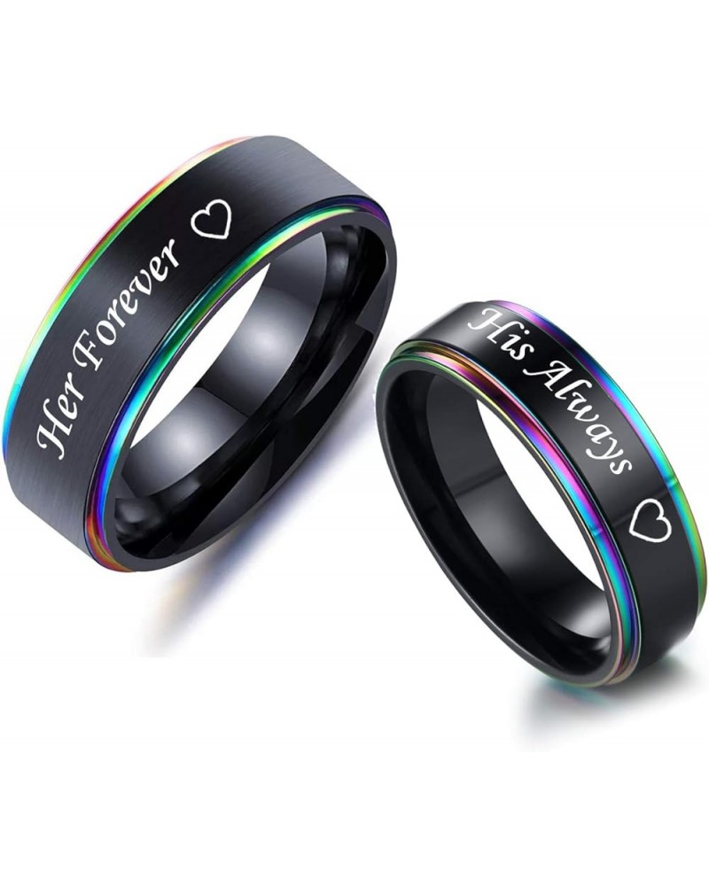 Personalized Name Date Couple Jewelry His Hers 8MM&6MM 2 Tone Stainless Steel Rainbow Step Edges Spinner Ring Set Wedding Ban...