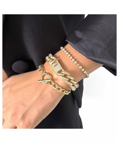 BETHYNAS Punk Layered Metal Chain Bracelets Set 3 Pcs Stacking OT Clasp Cuban Link Chain Tennis Bracelet Rhinestone Iced Out ...