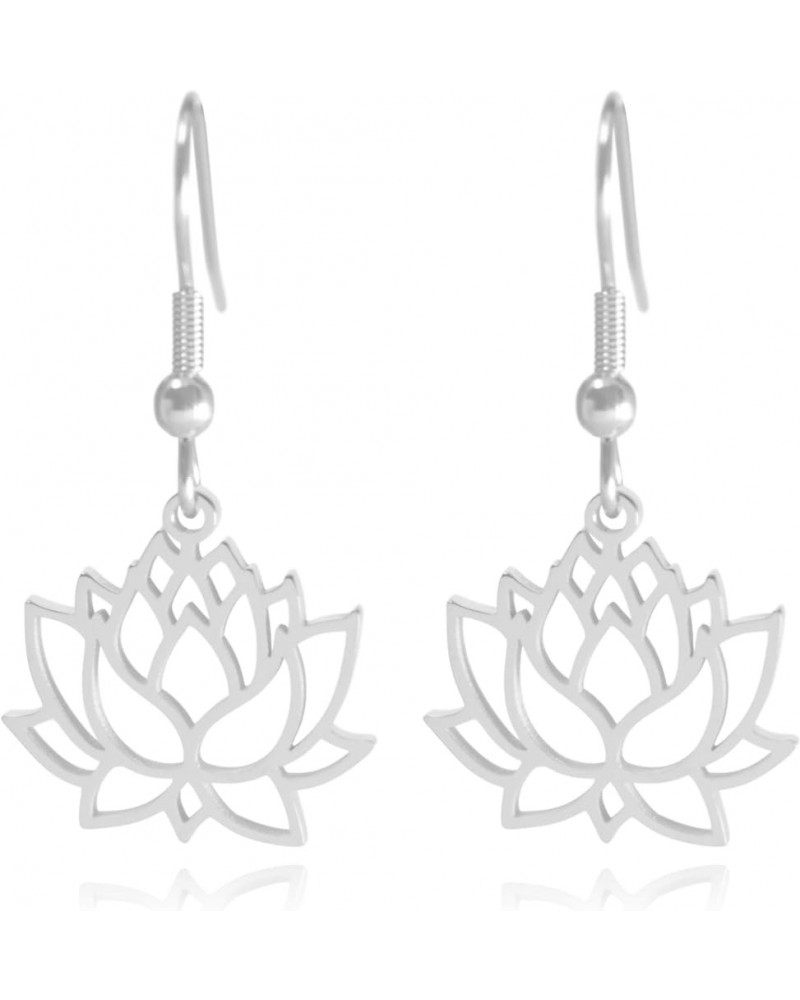 Lotus Flower Stainless Steel Dangle Earrings Silver $12.18 Earrings