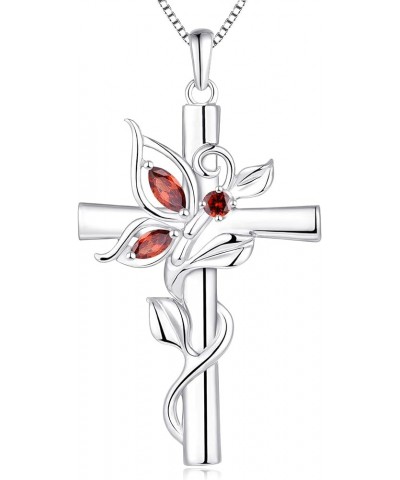 Butterfly Cross Necklace Sterling Silver Cubic Zirconia Leaves Pendant Birthstones Crucifix Jewelry for Women 1-garnet-Jan $3...