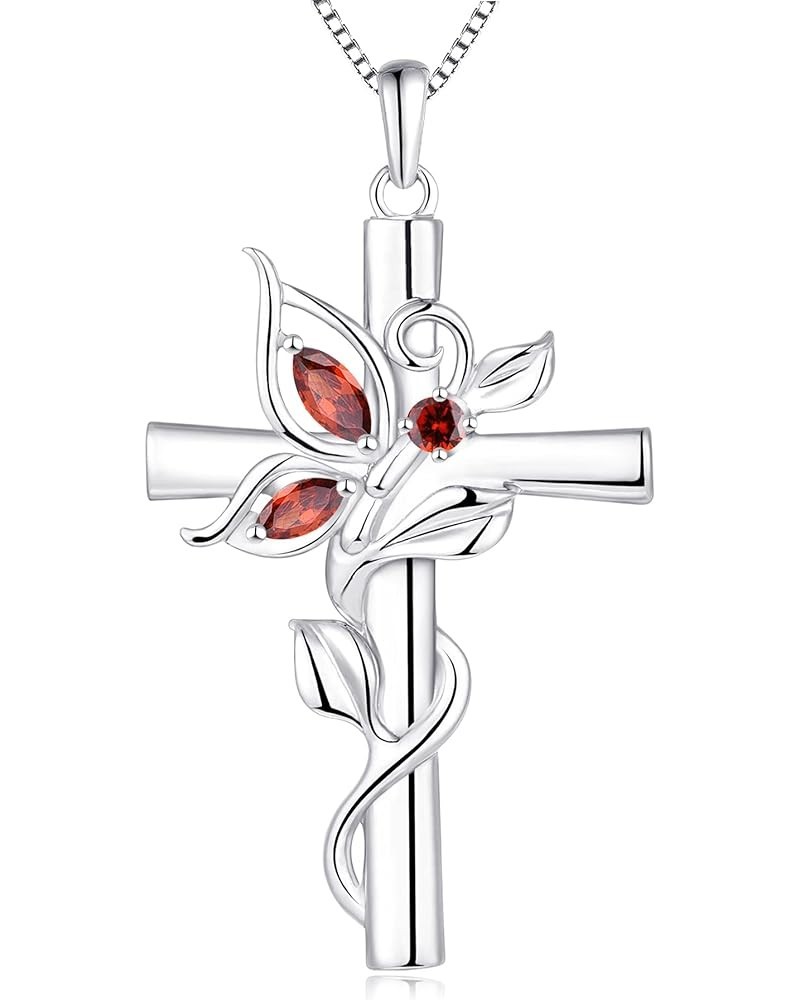 Butterfly Cross Necklace Sterling Silver Cubic Zirconia Leaves Pendant Birthstones Crucifix Jewelry for Women 1-garnet-Jan $3...