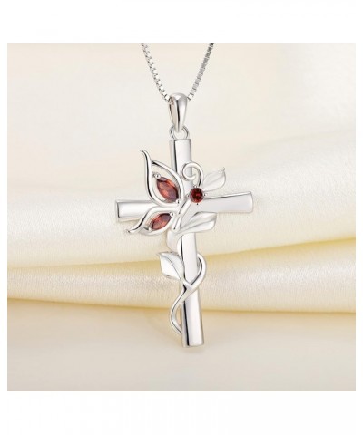 Butterfly Cross Necklace Sterling Silver Cubic Zirconia Leaves Pendant Birthstones Crucifix Jewelry for Women 1-garnet-Jan $3...