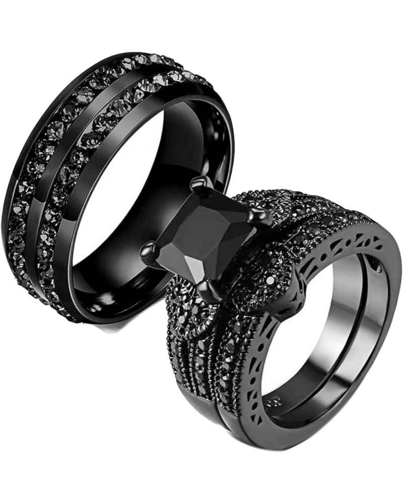 Couple Ring His Hers Women Black Gold Filled Cz Men Stainless Steel Bridal Sets Wedding Band Women's size 7 & Men's size 7 $1...