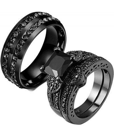 Couple Ring His Hers Women Black Gold Filled Cz Men Stainless Steel Bridal Sets Wedding Band Women's size 7 & Men's size 7 $1...