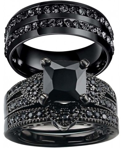 Couple Ring His Hers Women Black Gold Filled Cz Men Stainless Steel Bridal Sets Wedding Band Women's size 7 & Men's size 7 $1...