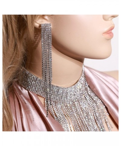 Rhinestone Statement Necklace for Women, Tassel Bib Choker Collar Chunky Costume Jewelry for Party Formal Clear Silver-Tone (...