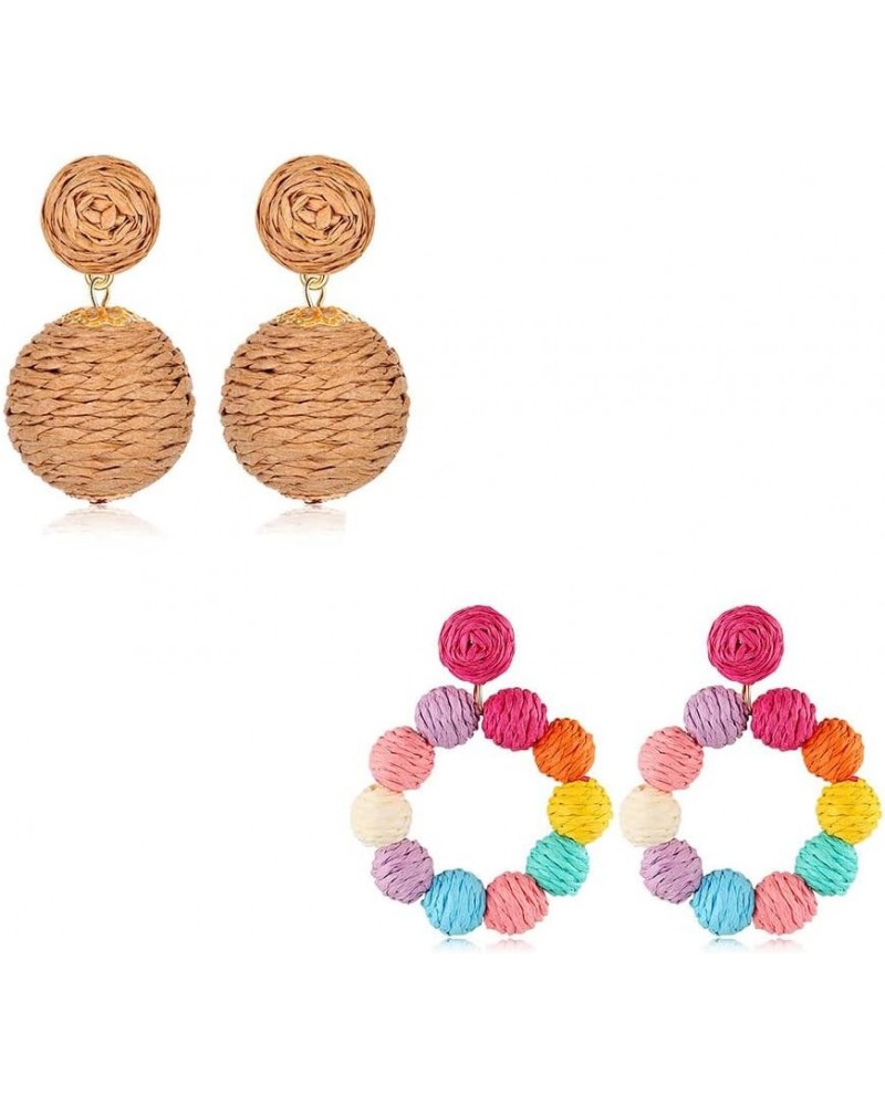 2 Pairs Rattan Earrings Lightweight Geometric Statement Earrings Handmade Rattan Ball Dangle Earrings Woven Straw Wicker Raff...