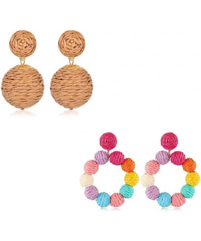 2 Pairs Rattan Earrings Lightweight Geometric Statement Earrings Handmade Rattan Ball Dangle Earrings Woven Straw Wicker Raff...