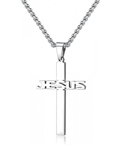 Stainless Steel Jesus Cross Pendant Necklace for Men Women 20-24 Inches Rolo Chain Christian Gifts for Men Faith Silver Tone:...