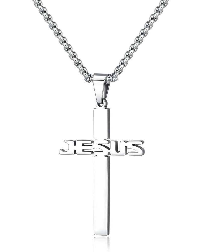 Stainless Steel Jesus Cross Pendant Necklace for Men Women 20-24 Inches Rolo Chain Christian Gifts for Men Faith Silver Tone:...