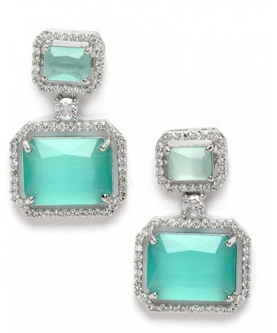 Women's Oxidised Silver-Plated American Diamond Studded Square Shaped Drop Earrings Lime Green $12.42 Earrings