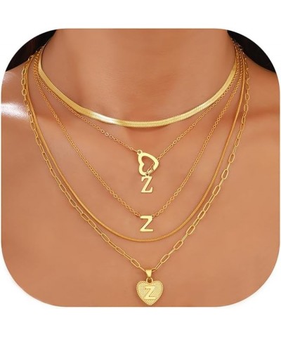 5 Pcs Gold Initial Necklaces for Women Girls, 14K Gold Plated Letter Heart Pendant Necklaces, Dainty Flat Snake Chain Layerin...