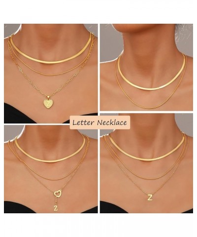 5 Pcs Gold Initial Necklaces for Women Girls, 14K Gold Plated Letter Heart Pendant Necklaces, Dainty Flat Snake Chain Layerin...