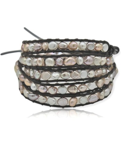 Multi-layer Hand Crafted Cultured Freshwater Pearl Gemstone Beaded on Genuine Leather Boho Style Leather Wrap Bracelet Super ...