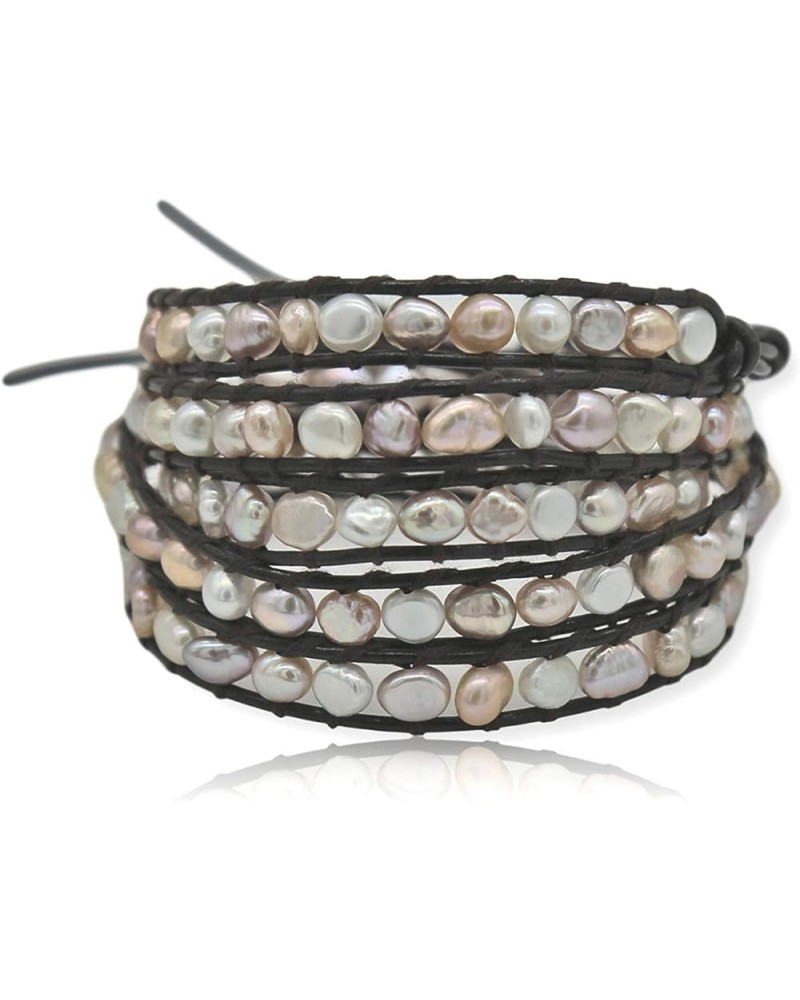 Multi-layer Hand Crafted Cultured Freshwater Pearl Gemstone Beaded on Genuine Leather Boho Style Leather Wrap Bracelet Super ...