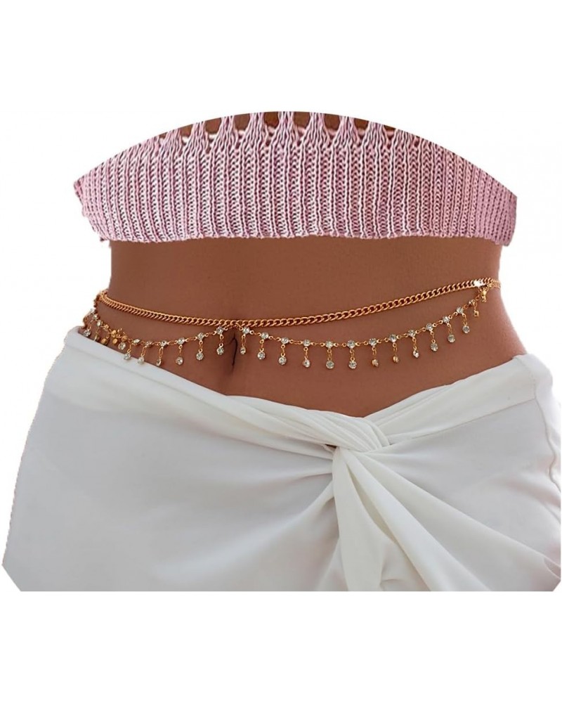 Sexy Wavy Tassel Belly Chain with Rhinestone 27-37 Inch for Women Girls 18K Gold Plated Waist Chain Adjustable Summer Beach B...