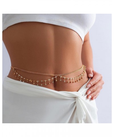 Sexy Wavy Tassel Belly Chain with Rhinestone 27-37 Inch for Women Girls 18K Gold Plated Waist Chain Adjustable Summer Beach B...