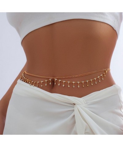 Sexy Wavy Tassel Belly Chain with Rhinestone 27-37 Inch for Women Girls 18K Gold Plated Waist Chain Adjustable Summer Beach B...