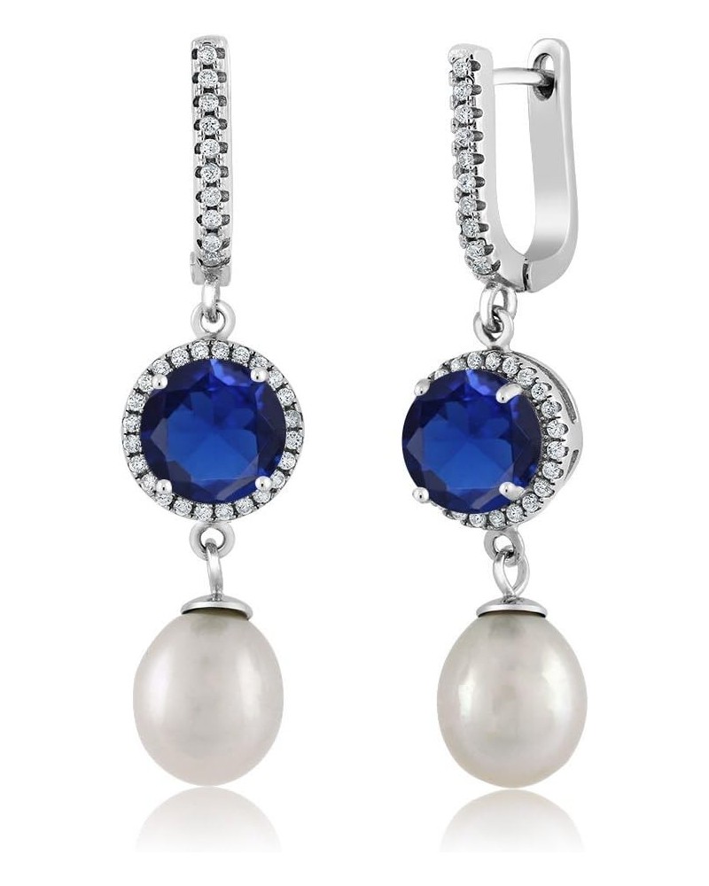 925 Sterling Silver Blue Simulated Sapphire and 11X8MM Cultured Freshwater Pearl Earrings For Women (5.79 Cttw, Gemstone Birt...