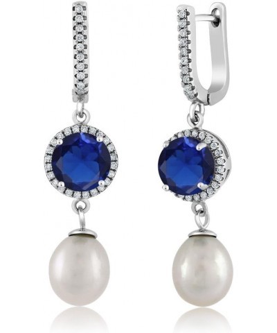 925 Sterling Silver Blue Simulated Sapphire and 11X8MM Cultured Freshwater Pearl Earrings For Women (5.79 Cttw, Gemstone Birt...