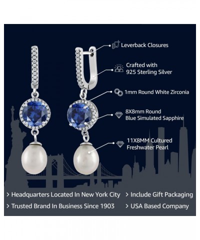 925 Sterling Silver Blue Simulated Sapphire and 11X8MM Cultured Freshwater Pearl Earrings For Women (5.79 Cttw, Gemstone Birt...