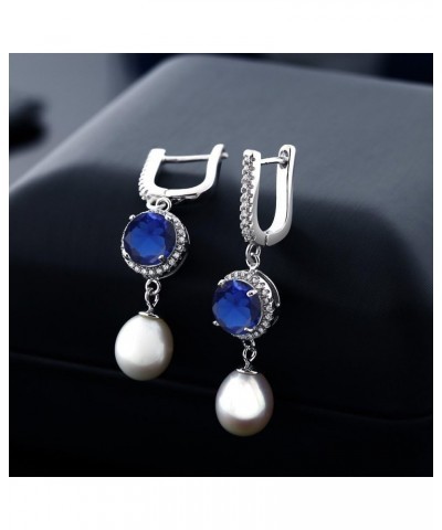 925 Sterling Silver Blue Simulated Sapphire and 11X8MM Cultured Freshwater Pearl Earrings For Women (5.79 Cttw, Gemstone Birt...