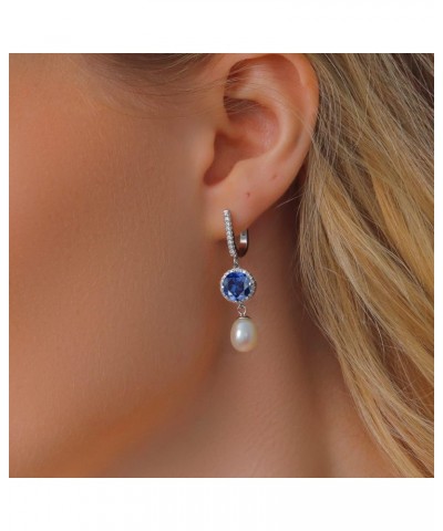 925 Sterling Silver Blue Simulated Sapphire and 11X8MM Cultured Freshwater Pearl Earrings For Women (5.79 Cttw, Gemstone Birt...