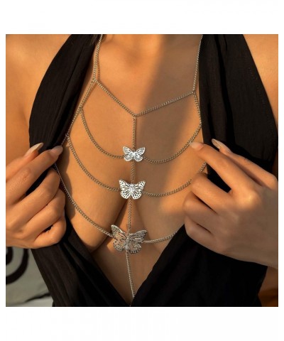 Boho Butterfly Body Chain Silver Layered Chest Chains Bikini Tassel Bra Chains Summer Waist Chains Rave Party Body Jewelry fo...