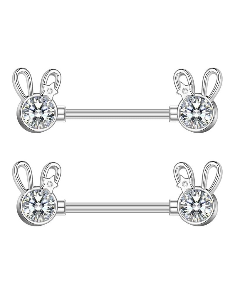 14G Cute Rabbit Nipple Rings Stainless Steel Cubic Zirconia Crystal Bunny Tongue Ring Nipple Studs Barbell Piercing Bar Body ...