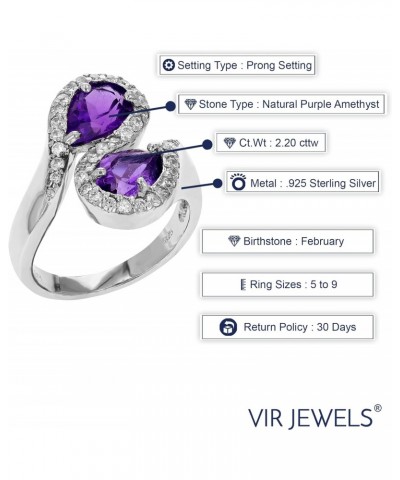 2.20 cttw Purple Amethyst Ring in .925 Sterling Silver with Rhodium Pear Shape $44.19 Rings