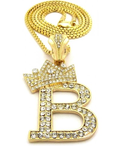 Rhinestone Studded Crown Initial Alphabet Letter Pendant Necklace 24" Box Chain Necklaces in Gold Tone or Silver Tone Gold - ...