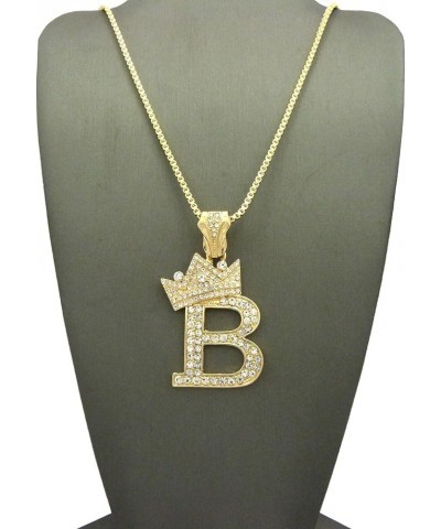 Rhinestone Studded Crown Initial Alphabet Letter Pendant Necklace 24" Box Chain Necklaces in Gold Tone or Silver Tone Gold - ...