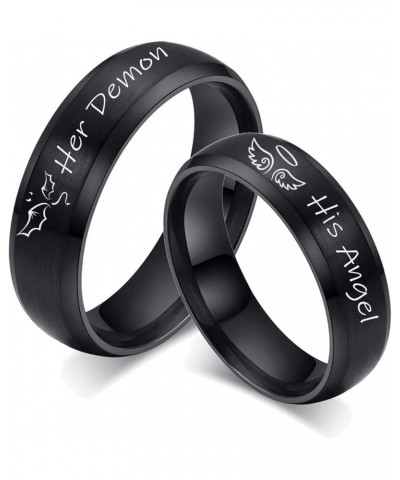 Her Demon & His Angel Couple Ring Set for Him Her 6MM Black Brushed Finish Stainless Steel Bevel Edges Wedding Band Promise E...