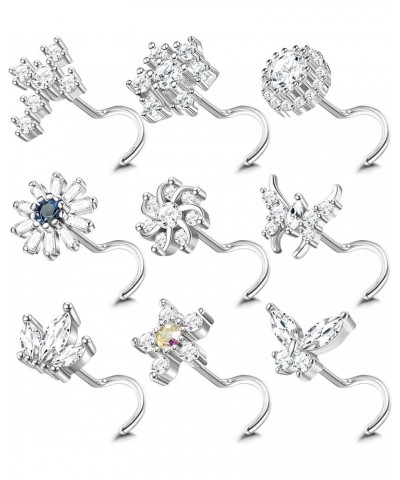 9Pcs 20G Stainless Steel Nose Rings L Shape Bone Screw Nose Studs for Women Men Cubic Zirconia Moon Star Flower Butterfly Nos...