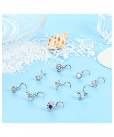 9Pcs 20G Stainless Steel Nose Rings L Shape Bone Screw Nose Studs for Women Men Cubic Zirconia Moon Star Flower Butterfly Nos...