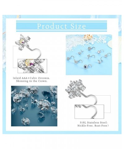 9Pcs 20G Stainless Steel Nose Rings L Shape Bone Screw Nose Studs for Women Men Cubic Zirconia Moon Star Flower Butterfly Nos...