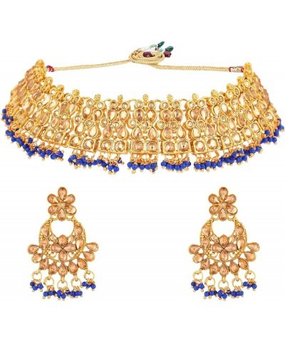 Indian Jewelry Set Crystal Choker Necklace Jhumka Earrings Bollywood Wedding Bridal Jewelry for Women Blue 1 $16.92 Jewelry Sets